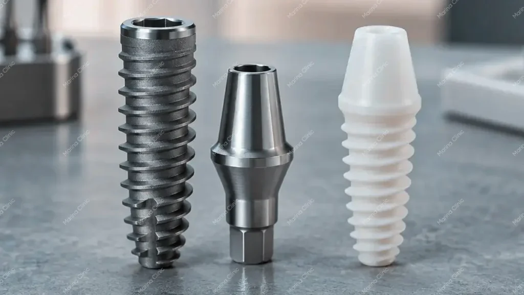 Comparison of titanium dental implant, metal abutment, and white ceramic implant showing different dental implant materials and components.