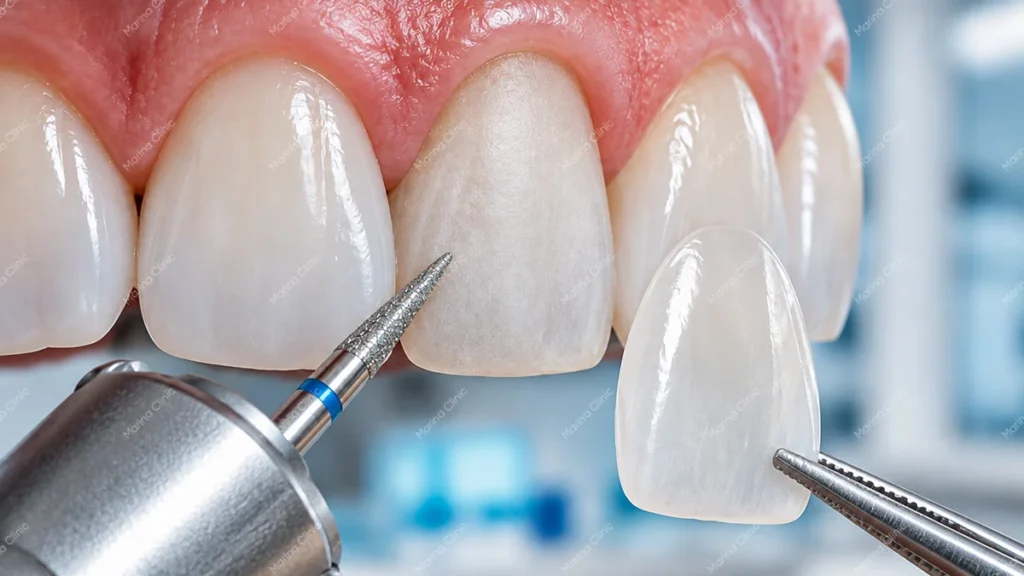 Close-up of porcelain dental veneer preparation and placement, highlighting tooth preparation, material quality, and dental treatment standards.