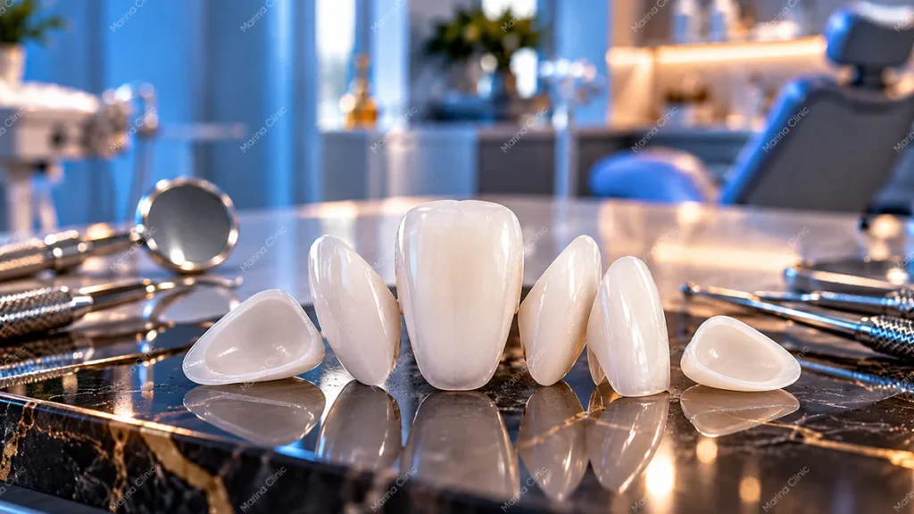 Porcelain dental veneers displayed in a modern dental clinic, illustrating veneer treatment costs in Turkey vs the UK.