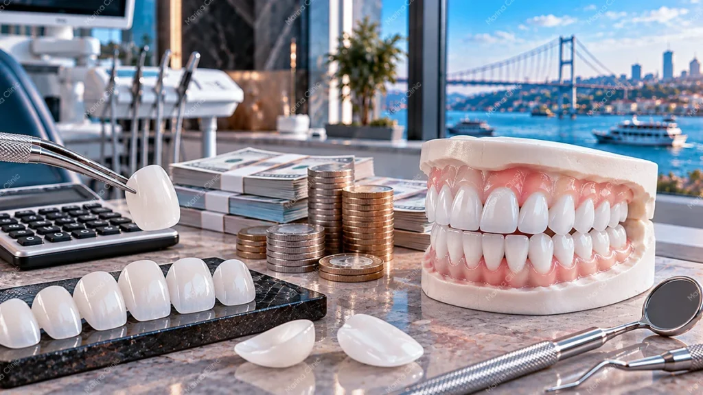 Dental veneers, teeth model, calculator, and stacked coins in an Istanbul clinic, comparing veneer treatment costs and overall value in Turkey vs the UK.