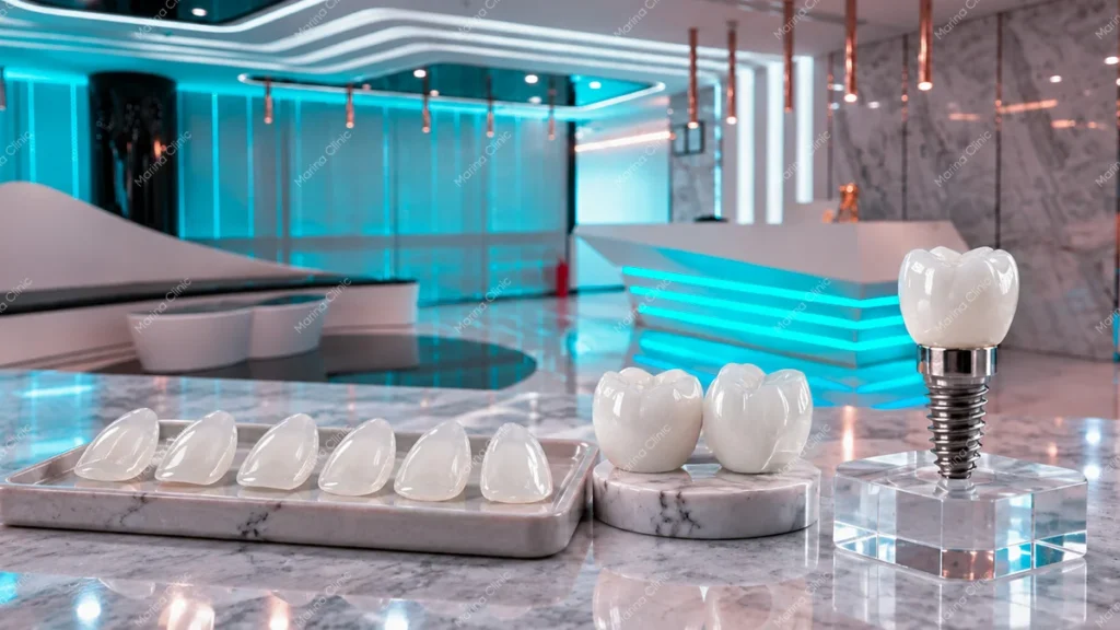 Dental veneers, crowns, and a dental implant displayed side by side to illustrate smile makeover treatment options and their costs in Turkey.