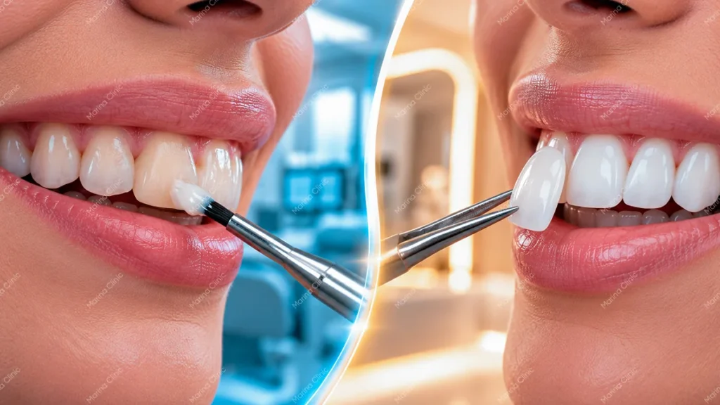 Dental bonding vs porcelain veneers comparison showing cosmetic dental treatments for improving tooth shape, color, and smile appearance.