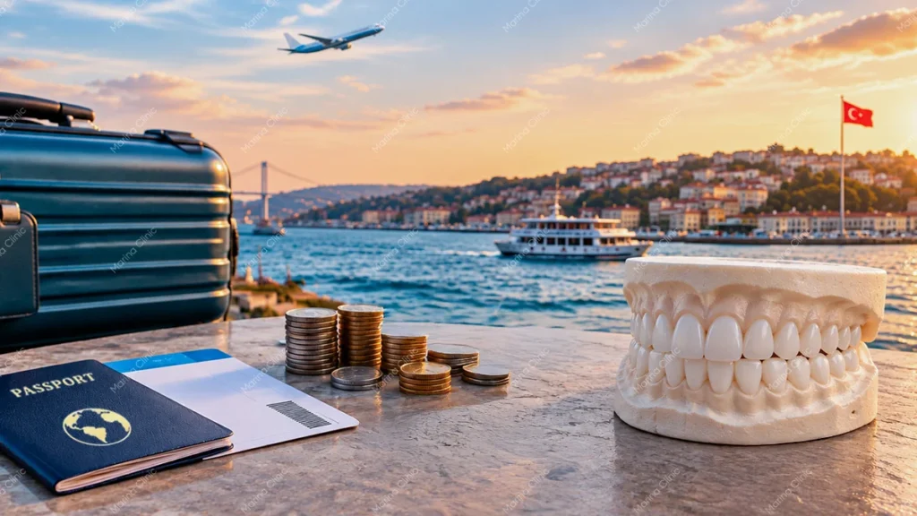 Dental veneers model with passport, flight tickets, luggage, and coins overlooking Istanbul, illustrating travel costs for veneer treatment in Turkey.