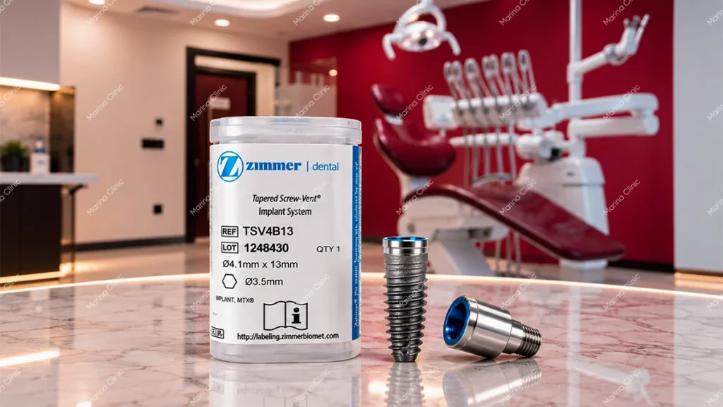Zimmer Tapered Screw-Vent dental implant system with implant and abutment in a dental clinic